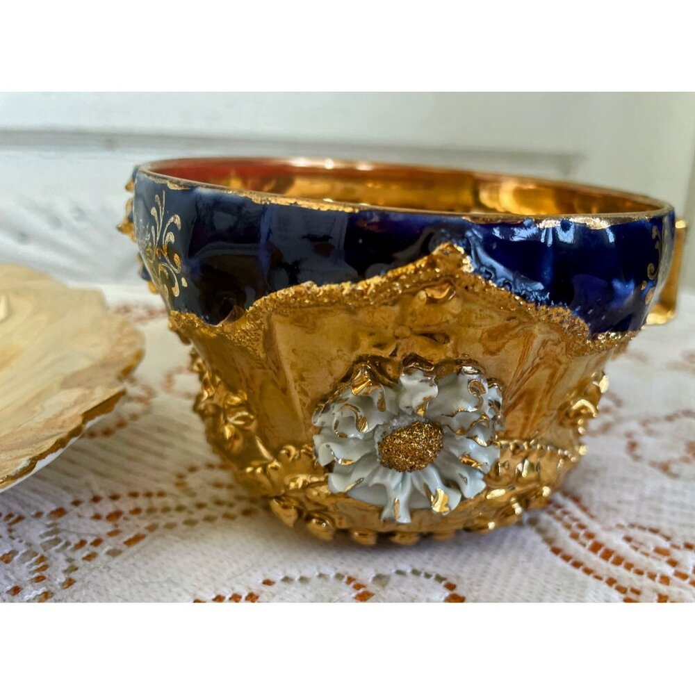 Antique German Porcelain Teacup Saucer Heavy Gold Cobalt Blue 3D Flower - Picture 14 of 16
